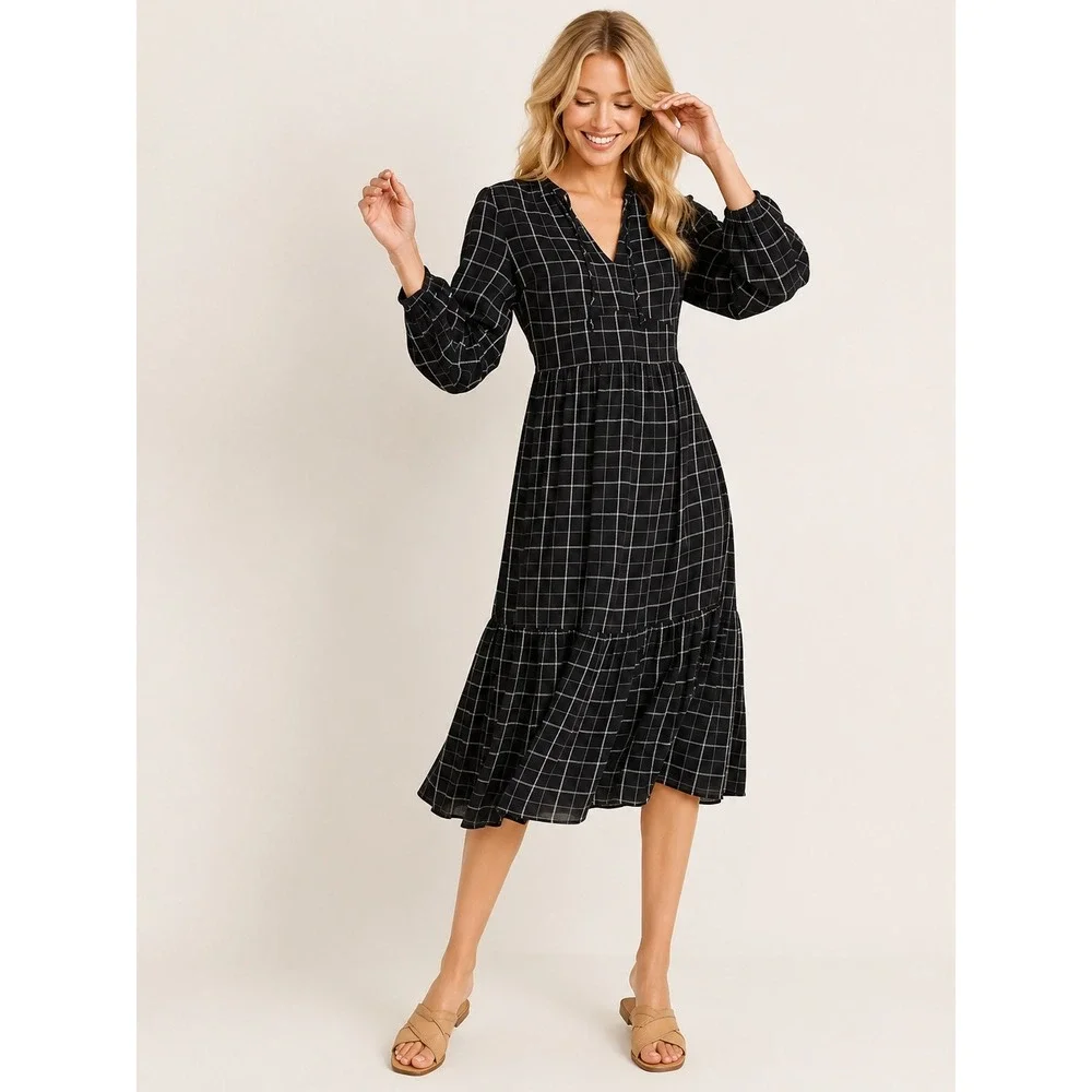 Old Navy Black Windowpane Plaid Midi Dress XL Tiered Empire Waist Prairie
